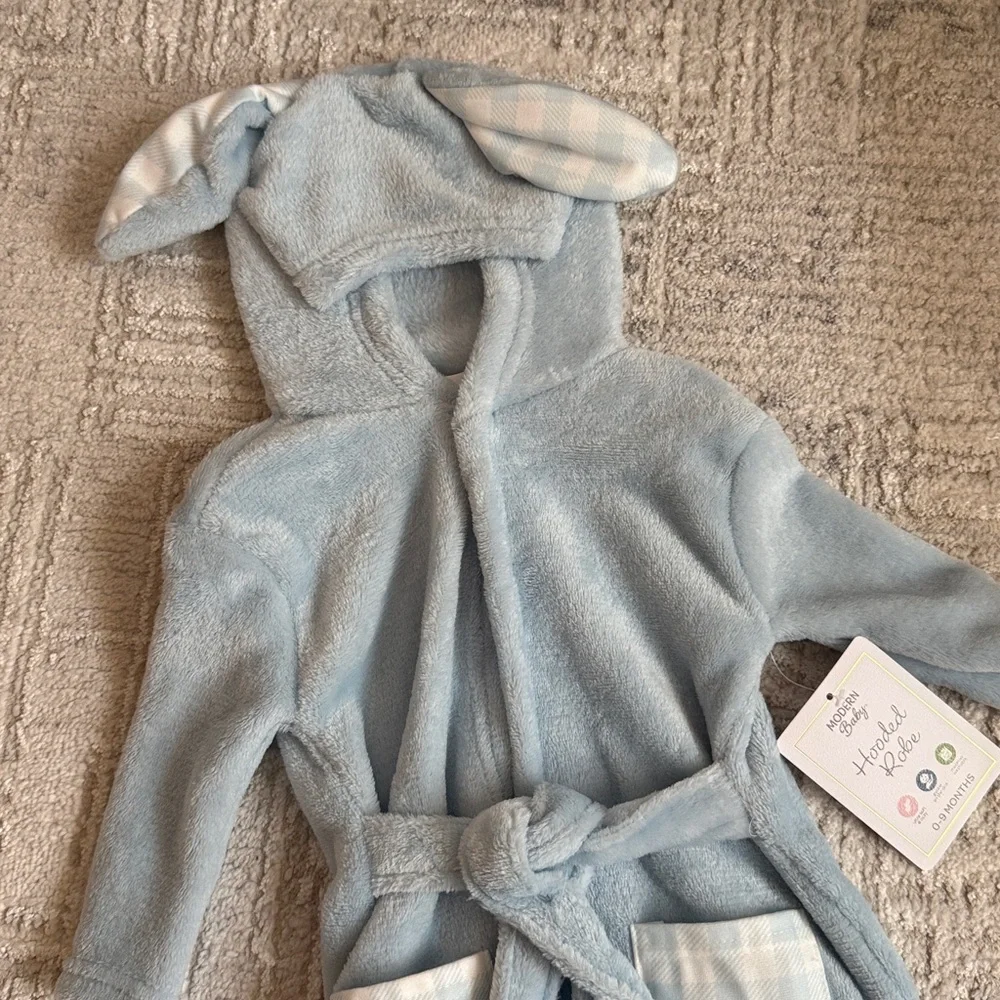 NWT Plush Blue Hooded Kids Bathrobe with Ears and Belt